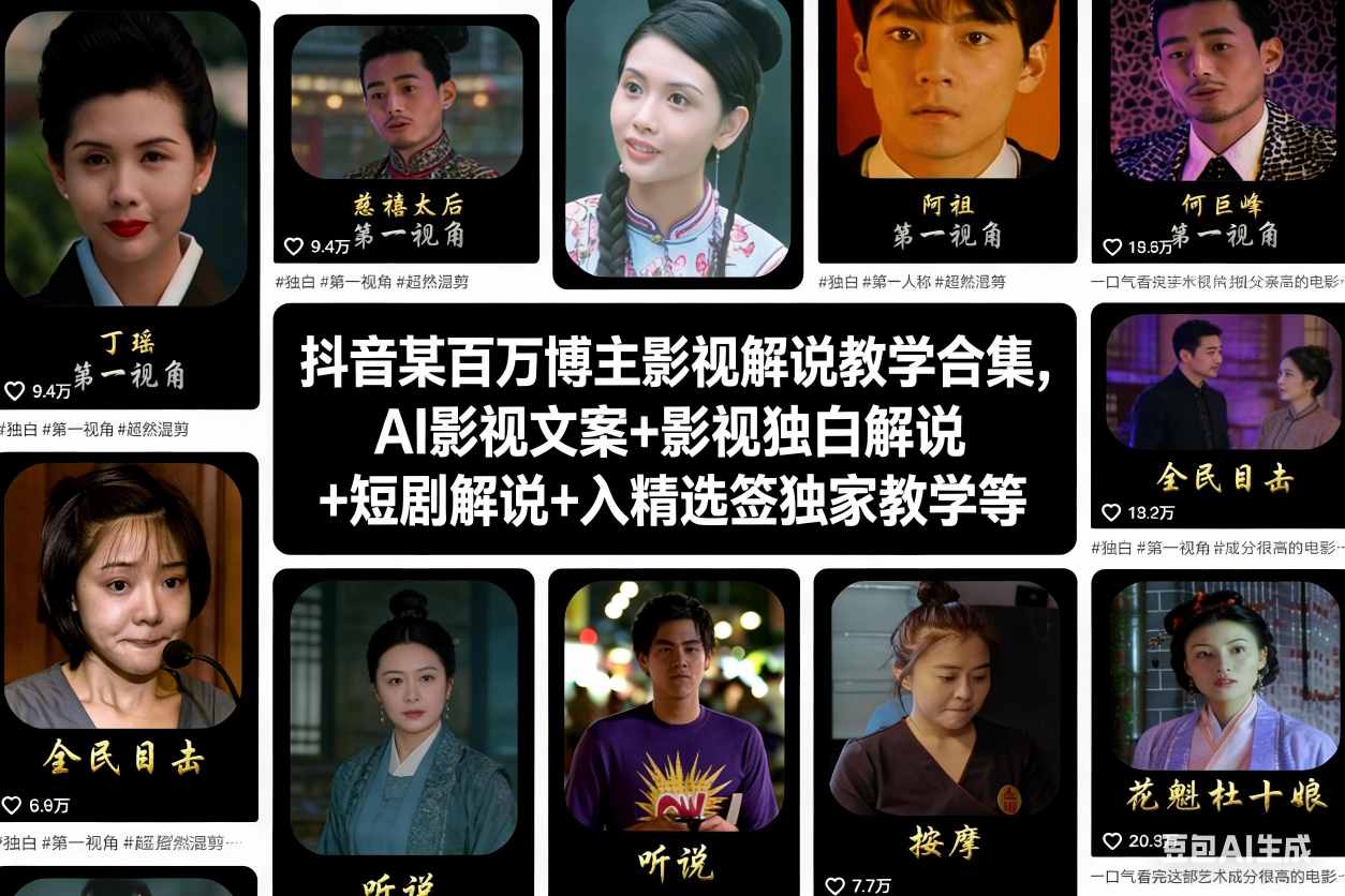 抖音某百万博主影视解说教学合集，AI影视文案+影视独白解说+短剧解说+入精选签独家教学等-来友网创