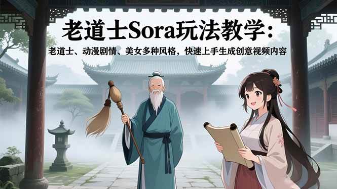 （16862期）老道士Sora玩法教学：老道士、动漫剧情、美女多种风格，快速上手生成创意视频内容-来友网创