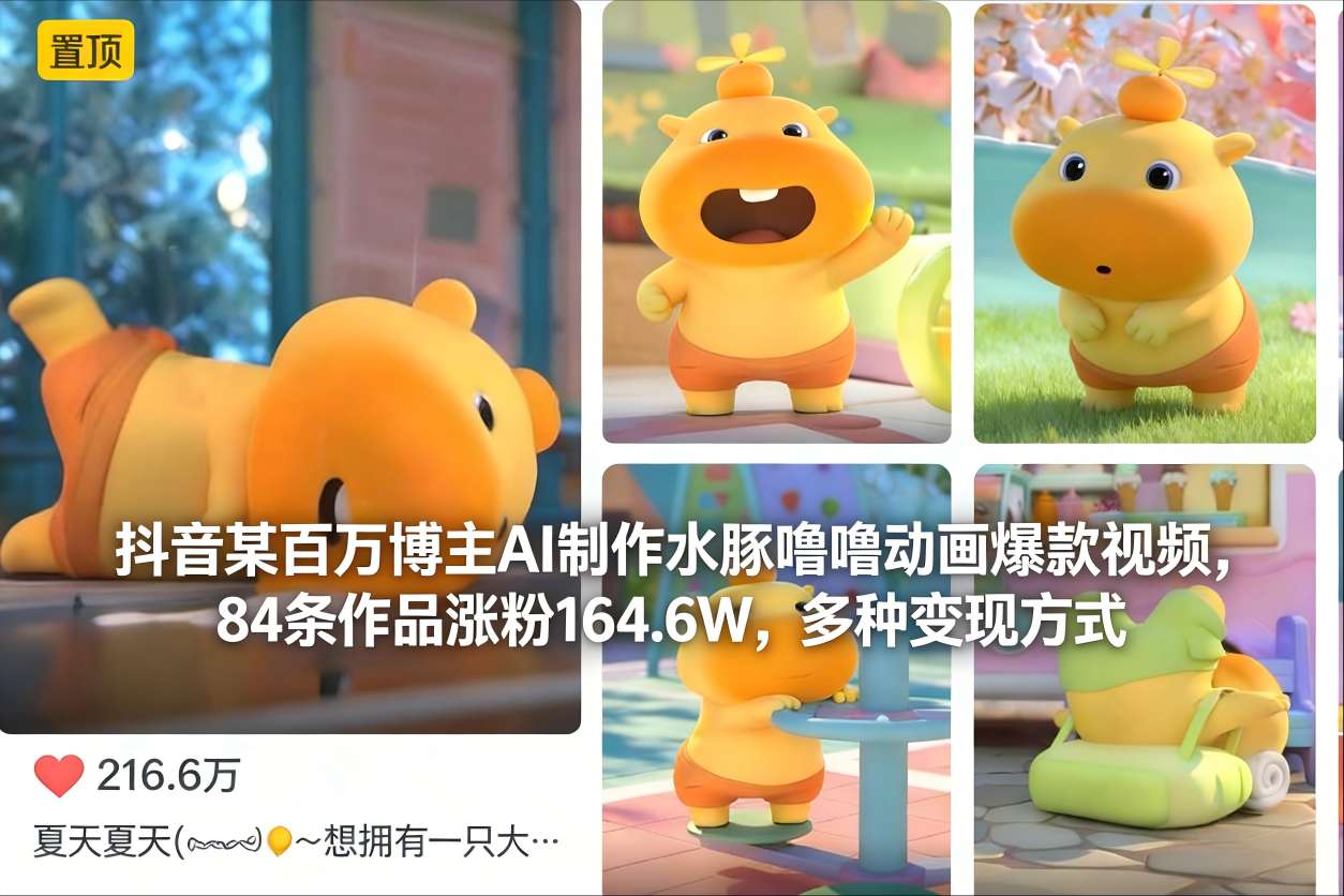 抖音某百万博主AI制作水豚噜噜动画爆款视频，84条作品涨粉164.6W，多种变现方式-来友网创