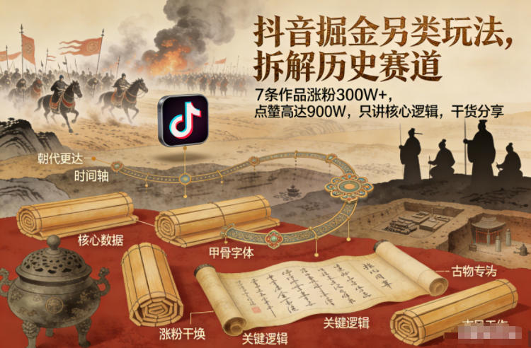 抖音掘金另类玩法，拆解历史赛道，7条作品涨粉300W+，点赞量高达900W，只讲核心逻辑，干货分享-来友网创