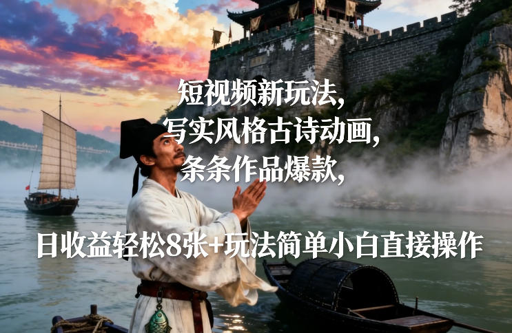 短视频新玩法，写实风格古诗动画，条条作品爆款，日收益轻松8张+玩法简单小白直接操作-来友网创