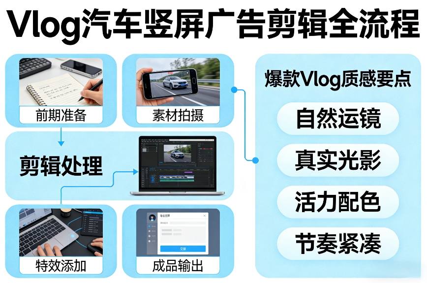 Vlog感觉汽车竖屏广告剪辑脚本全流程，拿捏爆款Vlog质感-来友网创