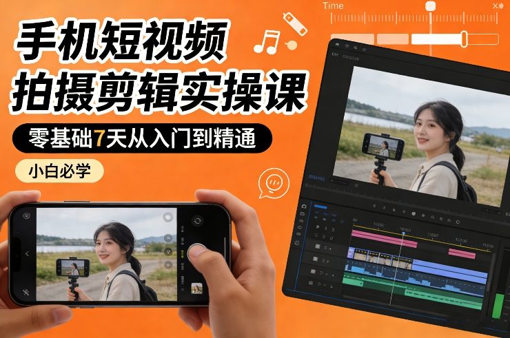 手机短视频拍摄剪辑实操课，零基础7天从入门到精通，小白必学-来友网创