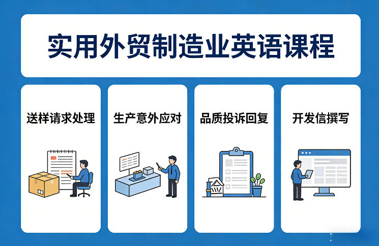 实用外贸制造业英语课程，教你专业处理送样请求、应对生产意外、回复品质投诉、撰写开发信等-来友网创