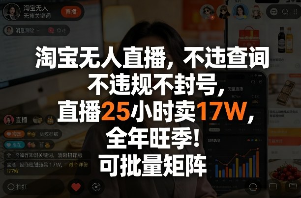 淘宝无人直播，不违规不封号，直播25小时卖17W，全年旺季！可批量矩阵【揭秘】-来友网创