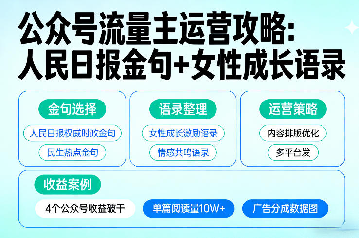 利用人民日报金句+女性成长语录做公众号流量主，4个公众号收益破千-来友网创