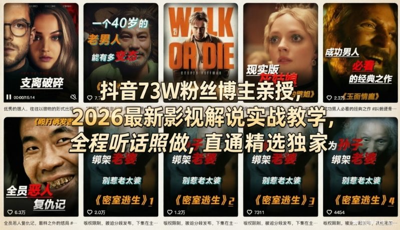 抖音73W粉丝博主亲授，2026最新影视解说实战教学，全程听话照做，直通精选独家-来友网创