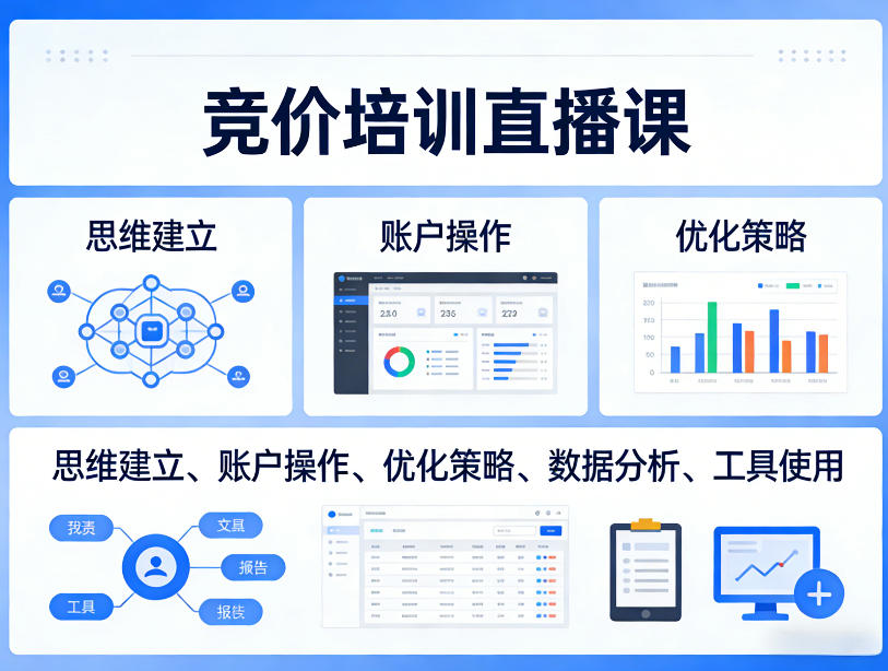 竞价培训直播课，覆盖思维建立、账户操作、优化策略、数据分析、工具使用等，全方位提升效果-来友网创
