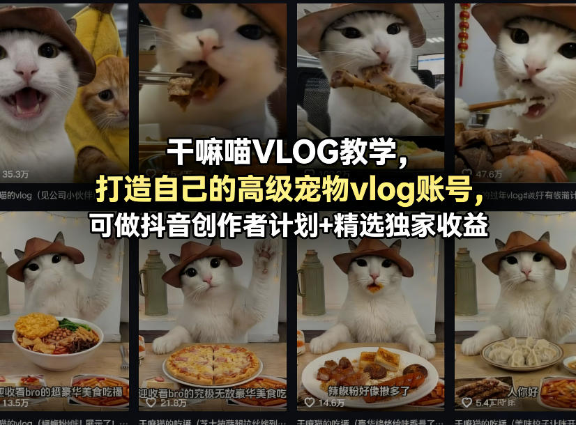 干嘛喵VLOG教学，打造自己的高级宠物vlog账号，可做抖音创作者计划+精选独家收益-来友网创