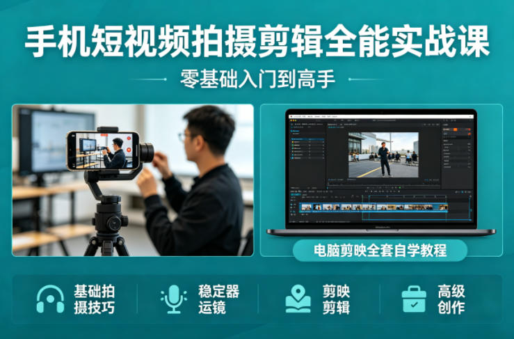 手机短视频拍摄剪辑全能实战课：零基础入门到高手，稳定器运镜+电脑剪映全套自学教程-来友网创