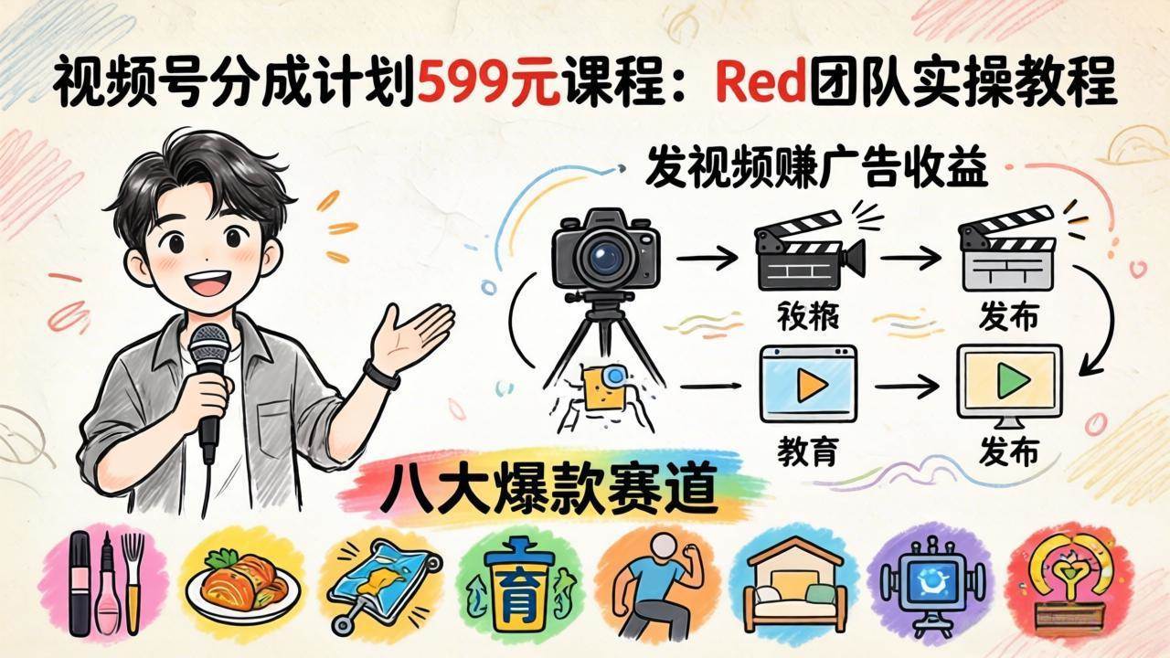 （18088期）视频号分成计划599元课程：Red团队实操教程，发视频赚广告收益，八大爆款赛道全掌握-来友网创