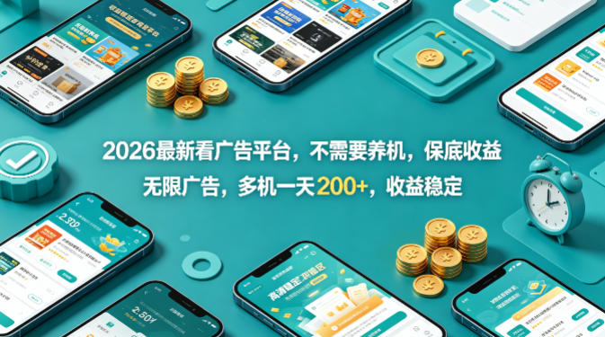 2026最新看广告平台，不需要养机，保底收益，无限广告，多机一天200+，收益稳定【揭秘】-来友网创