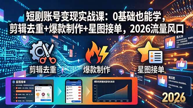 （18160期）短剧账号变现实战课：0基础也能学，剪辑去重+爆款制作+星图接单，2026流量风口-来友网创