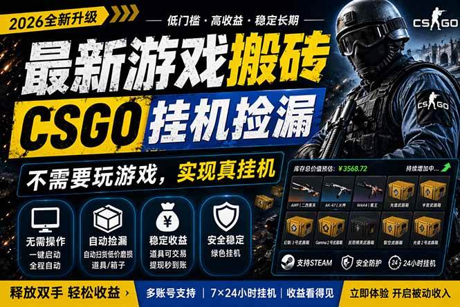 （18182期）最新游戏搬砖，CSGO纯挂机，不需要玩游戏，实现真挂机，月入1W+，五一小高峰上车可吃肉，…-来友网创
