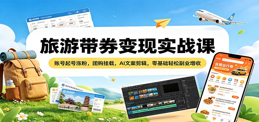 旅游带券变现实战课：账号起号涨粉，团购挂载，AI文案剪辑，零基础轻松副业增收-来友网创