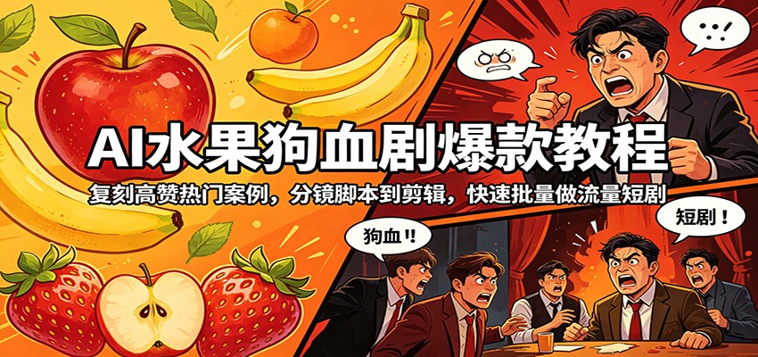 AI水果狗血剧爆款教程：复刻高赞热门案例，分镜脚本到剪辑，快速批量做流量短剧-来友网创