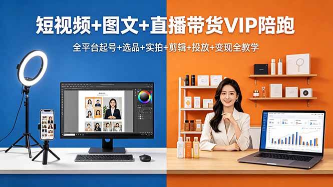 （18319期）短视频+图文+直播带货VIP陪跑，全平台起号+选品+实拍+剪辑+投放+变现全教学-来友网创