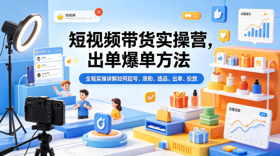 短视频带货实操营，出单爆单方法，全程实操讲解如何起号、涨粉、选品、出单、投放-来友网创