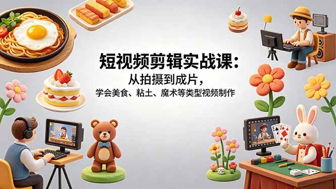 （18375期）短视频剪辑实战课：从拍摄到成片，学会美食、粘土、魔术等类型视频制作-来友网创