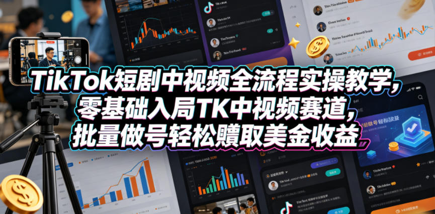 TikTok短剧中视频全流程实操教学，零基础入局TK中视频赛道，批量做号轻松賺取美金收益-来友网创
