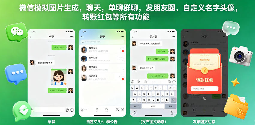 微信模拟图片生成，聊天，单聊群聊，发朋友圈，自定义名字头像，转账红包等所有功能都可以生成-来友网创