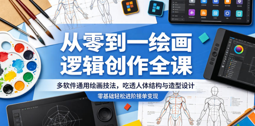 从零到一绘画逻辑创作全课，多软件通用绘画技法，吃透人体结构与造型设计，零基础轻松进阶接单变现-来友网创