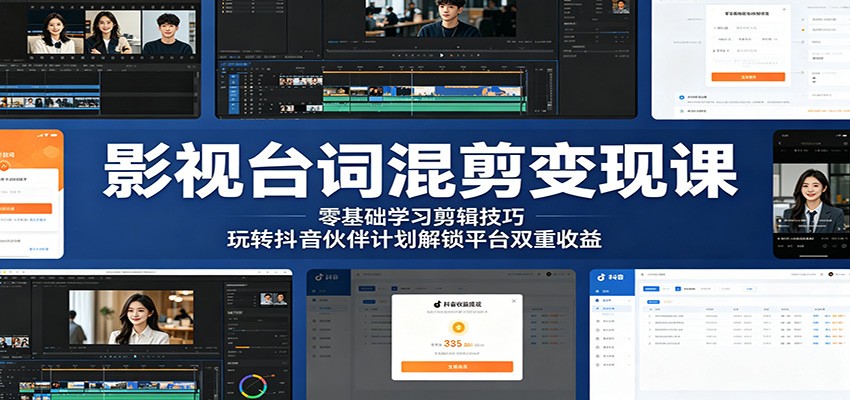 影视台词混剪变现课：零基础学习剪辑技巧，玩转抖音伙伴计划解锁平台双重收益-来友网创