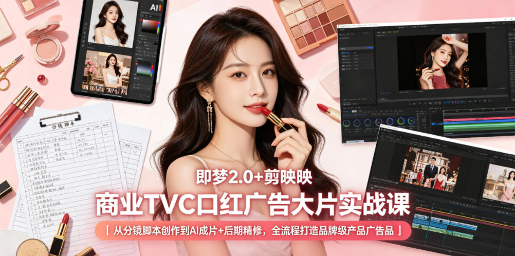 即梦2.0+剪映商业TVC口红广告大片实战课｜从分镜脚本创作到AI成片+后期精修，全流程打造品牌级产品广告-来友网创