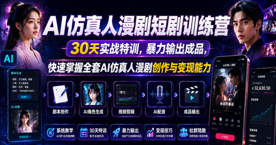 AI仿真人漫剧短剧训练营，30天实战特训，暴力输出成品，快速掌握全套AI仿真人漫剧创作与变现能力-来友网创