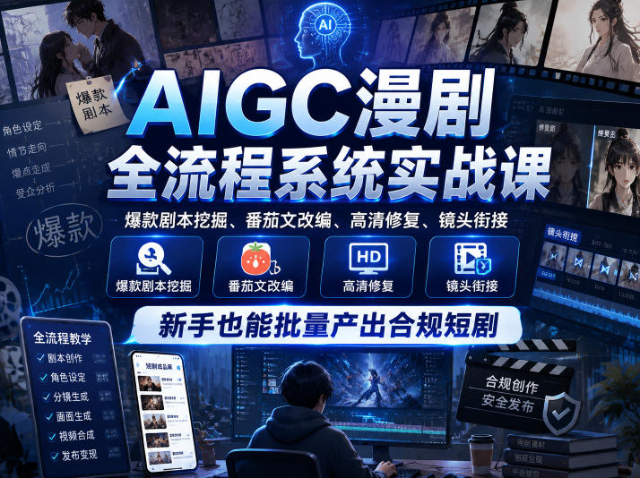 AIGC漫剧全流程系统实战课，爆款剧本挖掘、番茄文改编、高清修复、镜头衔接，新手也能批量产出合规短剧-来友网创