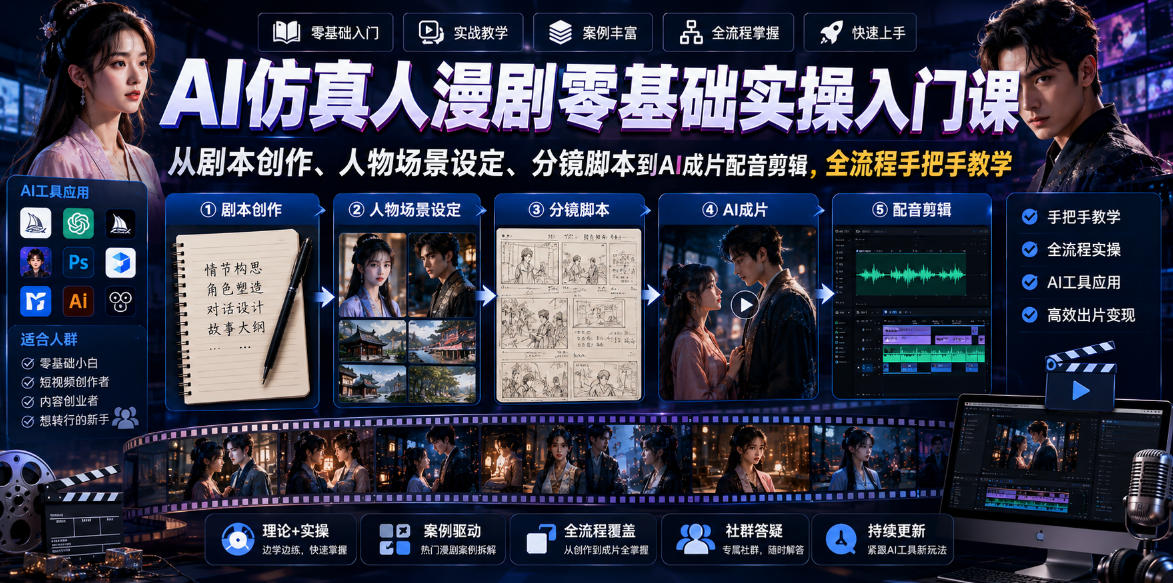 AI仿真人漫剧零基础实操入门课，从剧本创作、人物场景设定、分镜脚本到AI成片配音剪辑，全流程手把手教学-来友网创
