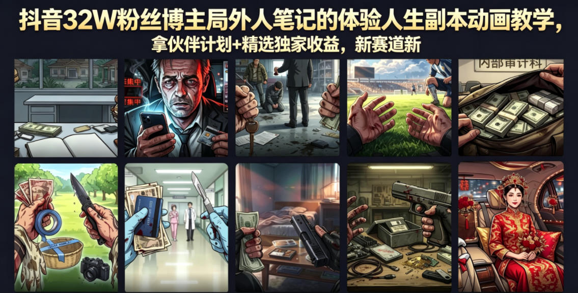 抖音32W粉丝博主局外人笔记的体验人生副本动画教学，拿伙伴计划+精选独家收益，新赛道新涨粉快【录制版】-来友网创