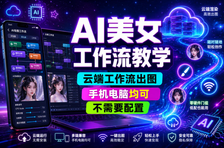 AI美女工作流教学，云端工作流出图，手机电脑均可，不需要配置，快速起号涨粉-来友网创