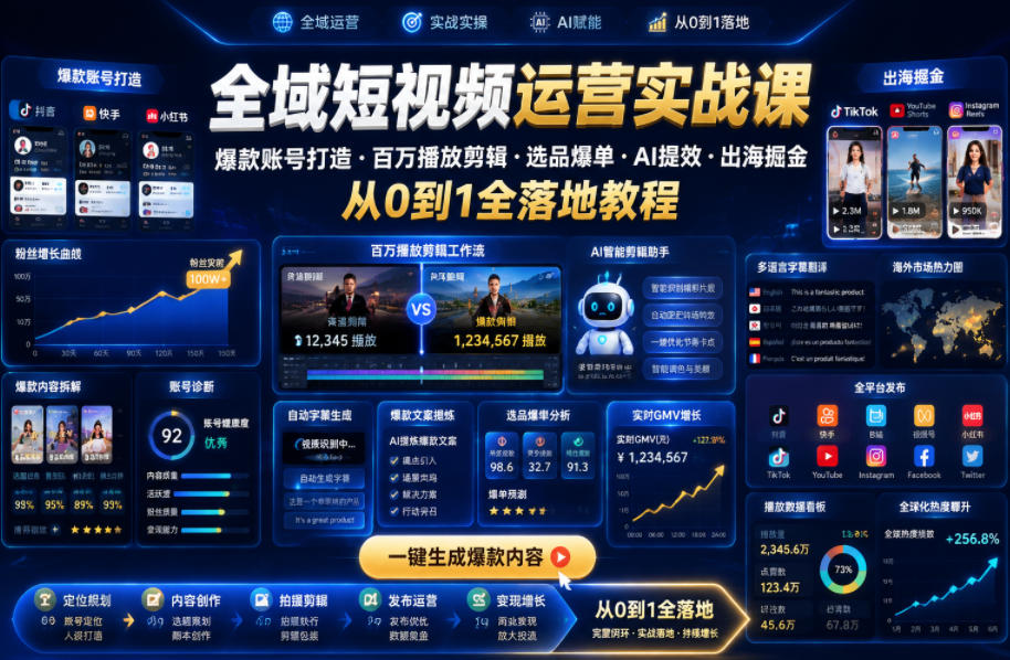 全域短视频运营实战课，爆款账号打造・百万播放剪辑・选品爆单・AI提效・出海掘金，从0到1全落地教程-来友网创