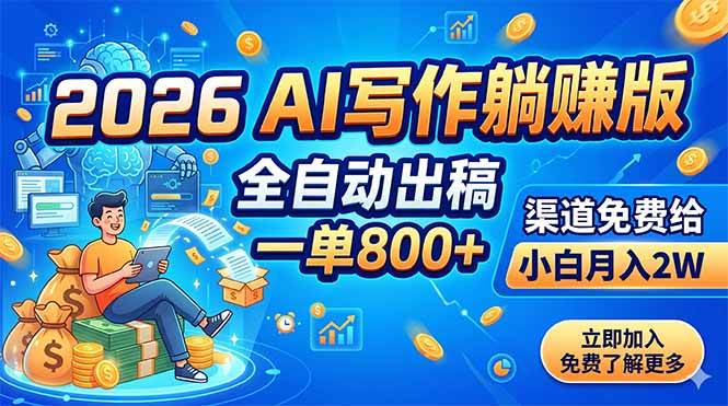 （18885期）2026 AI写作躺赚版：全自动出稿，一单800+，渠道免费给，小白月入2W-来友网创