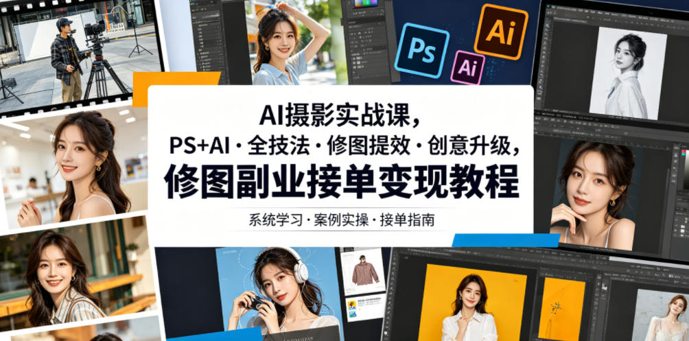 AI摄影实战课，PS+AI・全技法・修图提效・创意升级，修图副业接单变现教程-来友网创