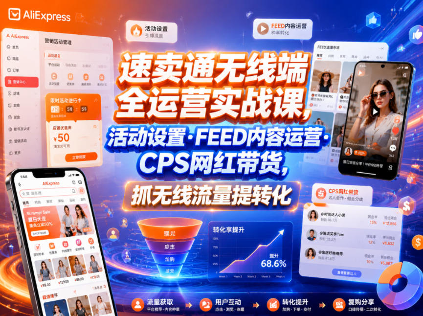 速卖通无线端全运营实战课，活动设置・FEED内容运营・CPS网红带货，抓无线流量提转化-来友网创