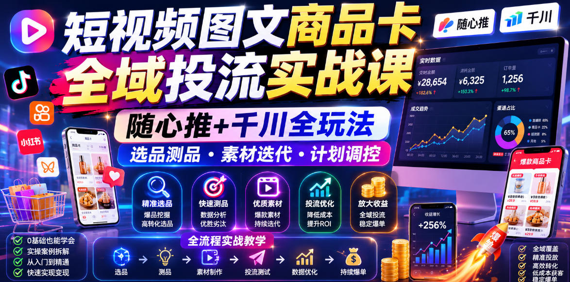 短视频图文商品卡全域投流实战课，随心推+千川全玩法，选品测品・素材迭代・计划调控，提升ROI爆单增收教程-来友网创