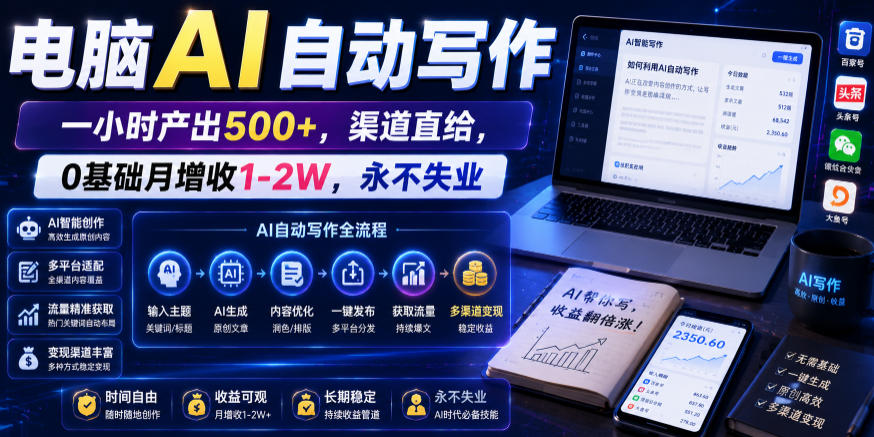 电脑AI自动写作，一小时产出500+，渠道直给，0基础月增收1-2W，永不失业【揭秘】-来友网创