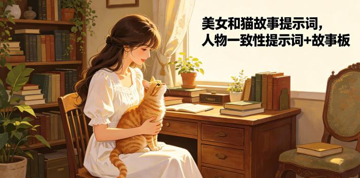 美女和猫故事提示词，人物一致性提示词+故事板-来友网创