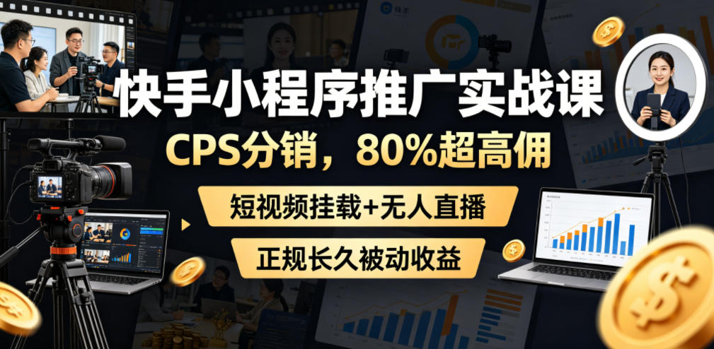 快手小程序推广实战课，CPS分销，80%超高佣，短视频挂载+无人直播，正规长久被动收益-来友网创