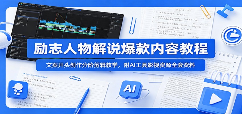 励志人物解说爆款内容教程：文案开头创作分阶剪辑教学，附AI 工具影视资源全套资料-来友网创