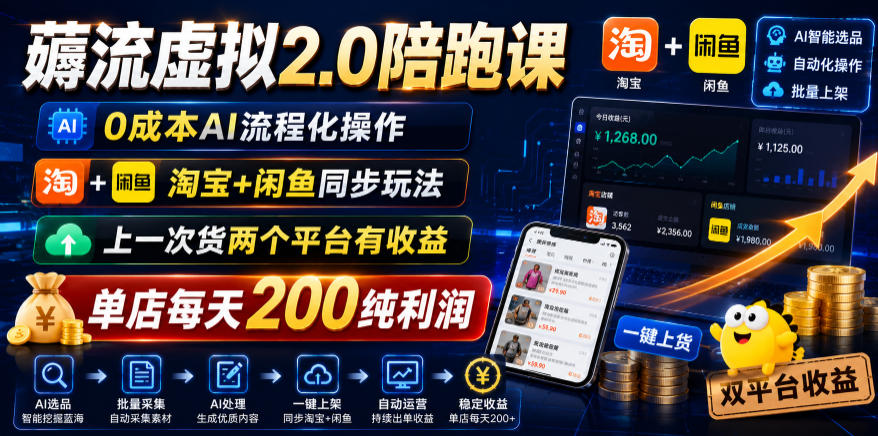 薅流虚拟2.0陪跑课，0成本AI流程化操作，淘宝+闲鱼同步玩法，上一次货两个平台有收益，单店每天200纯利润-来友网创