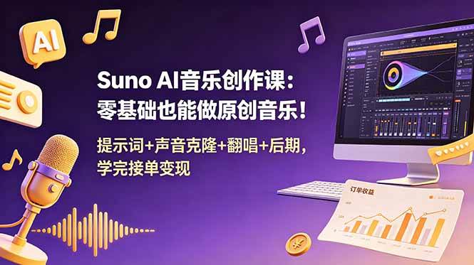 （18945期） Suno AI音乐创作课：零基础也能做原创音乐！提示词+声音克隆+翻唱+后期，学完接单变现-来友网创