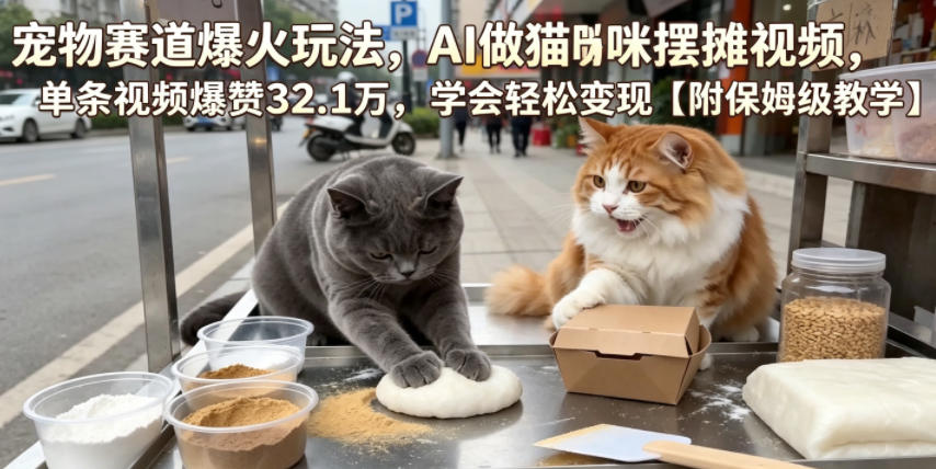 宠物赛道爆火玩法，AI做猫咪摆摊视频，单条视频爆赞32.1万，学会轻松变现【附保姆级教学】-来友网创