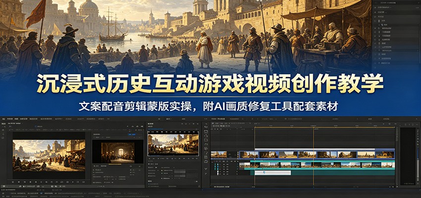 沉浸式历史互动游戏视频创作教学：文案配音剪辑蒙版实操，附AI画质修复工具配套素材-来友网创
