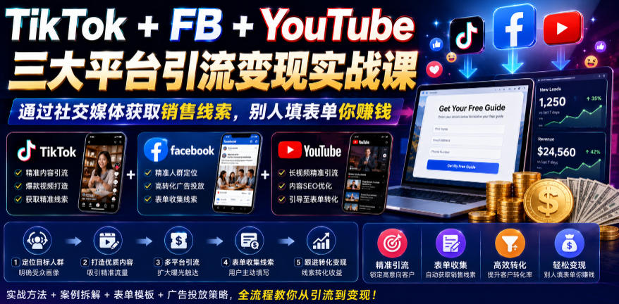 TikTok+FB+YouTube三大平台引流变现实战课，通过社交媒体获取销售线索，别人填表单你賺钱【原创双语字幕】-来友网创