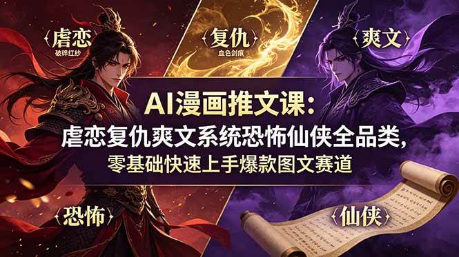 （19060期）AI漫画推文课：虐恋复仇爽文系统恐怖仙侠全品类，零基础快速上手爆款图文赛道-来友网创