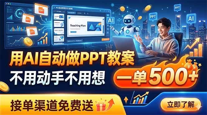（19059期）用AI自动做PPT教案，不用动手不用想，一单500+，接单渠道免费送-来友网创