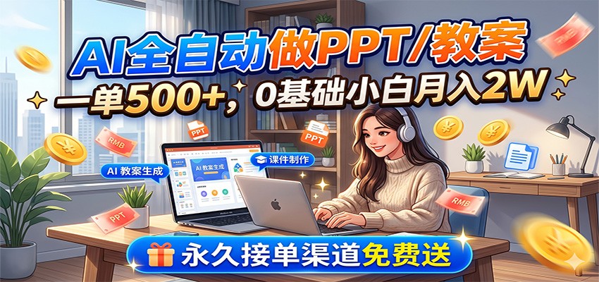 AI全自动做PPT/教案，一单500+，0基础小白月入2W，永久接单渠道免费送-来友网创